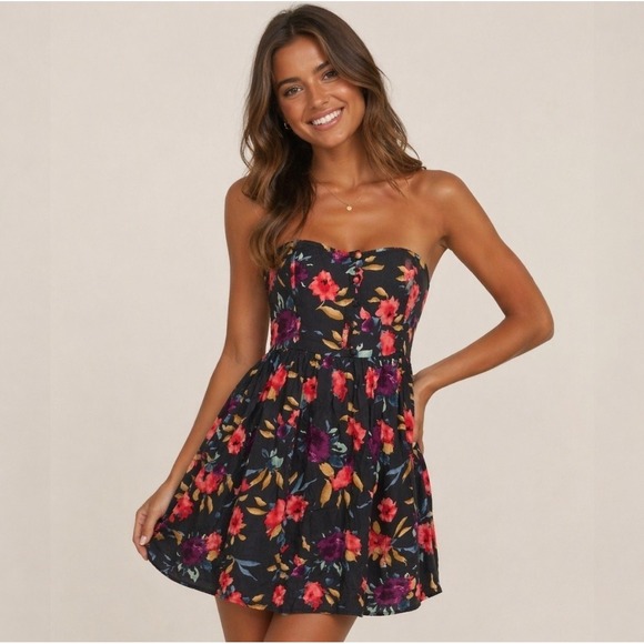O'Neill Dresses & Skirts - O'Neill Micro Mini Dress Strapless Dark Floral Buttons Fits Size Small Medium